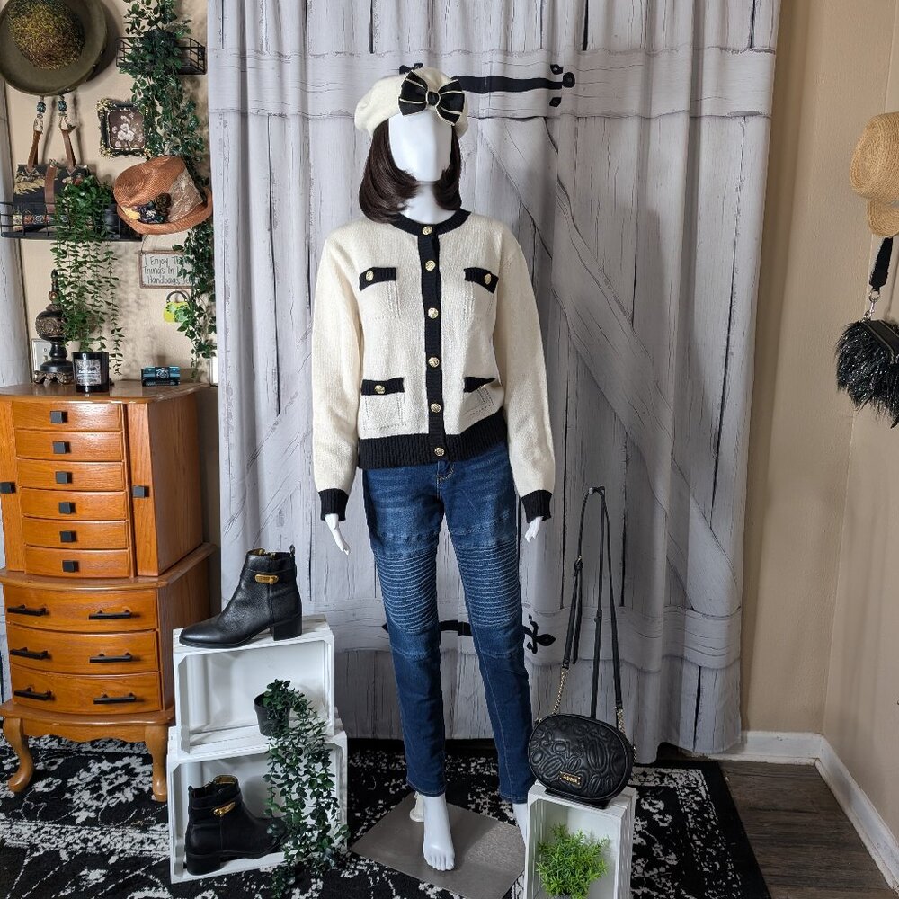 Bloomingdale's Cashmere Contrast Trim Cardigan Ivory/Blk Medium